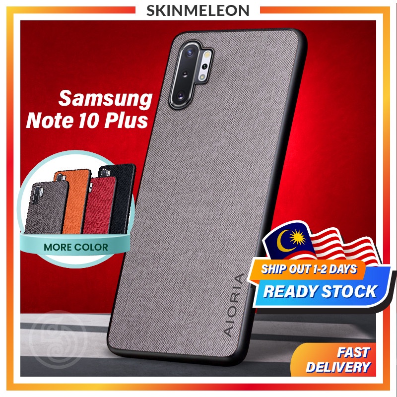 SKINMELEON Casing Samsung Note 10 Plus Case Fabric Textile Pattern PU Leather Case TPU Protective Casing Phone Case