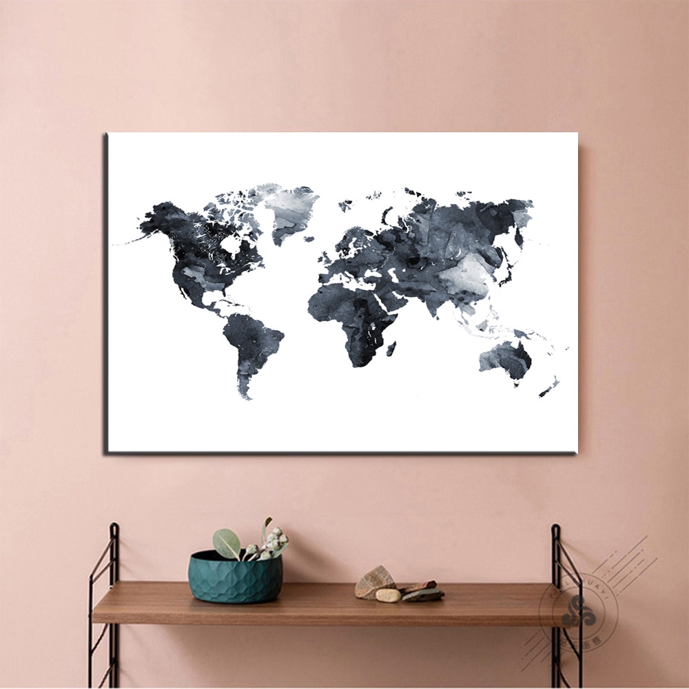 Black And White World Map Wall Art Decoruhome - Diy Frame Wall Deco Canvas - Black And White World Map Letter  Painting Posters Prints | Shopee Malaysia