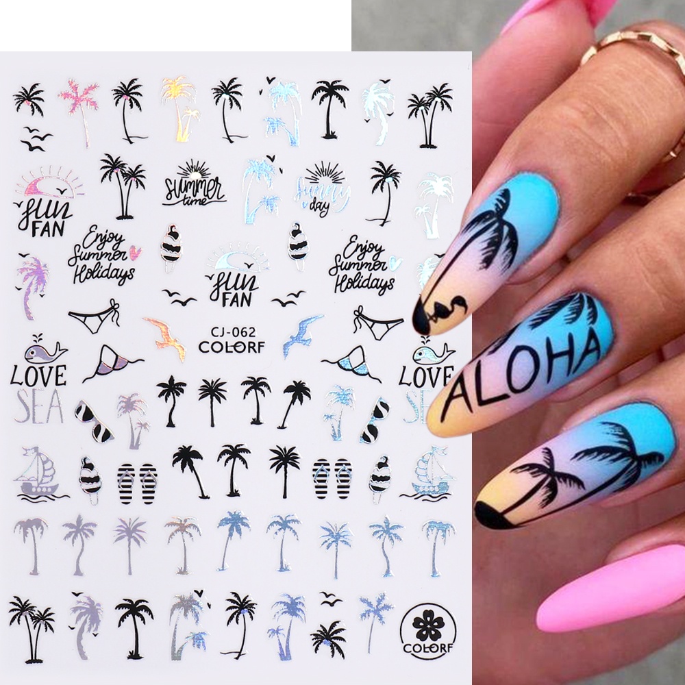 Pelekat Kuku Coconut Tree Nail Sticker Holographic Palm Leaf Fruits