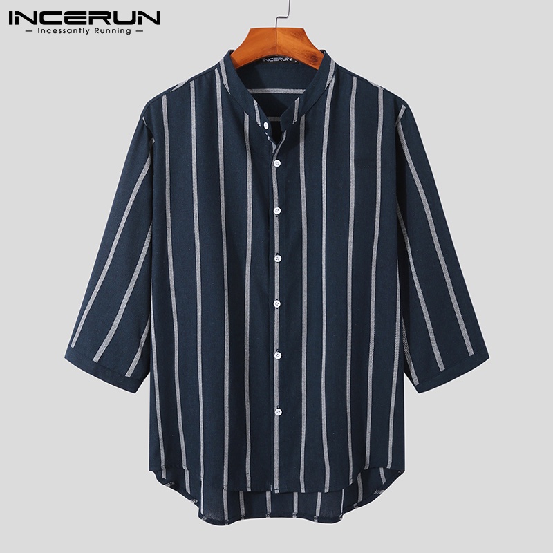 INCERUN Men's Fashion Casual Striped Half Sleeved Striped Print Buttons ...