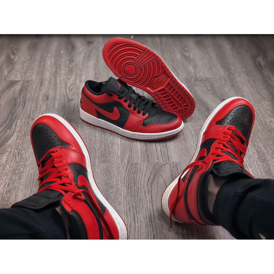 jordan 1 low varsity red on feet