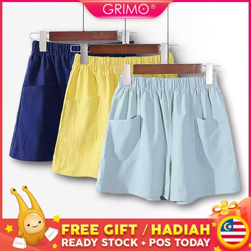 READY STOCK?GRIMO Sugaland Pocket Hot Pant Women Shorts Loose Elastic Breathable Cotton Linen Plain Ladies Casual fc1114