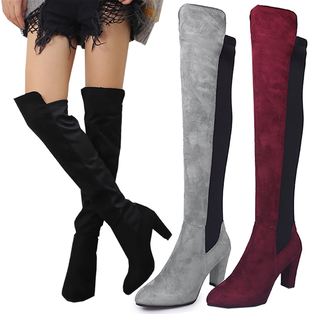WOMENS LADIES THIGH HIGH BOOTS OVER THE KNEE PARTY WEDGE BLOCK MID HEEL SIZE 
