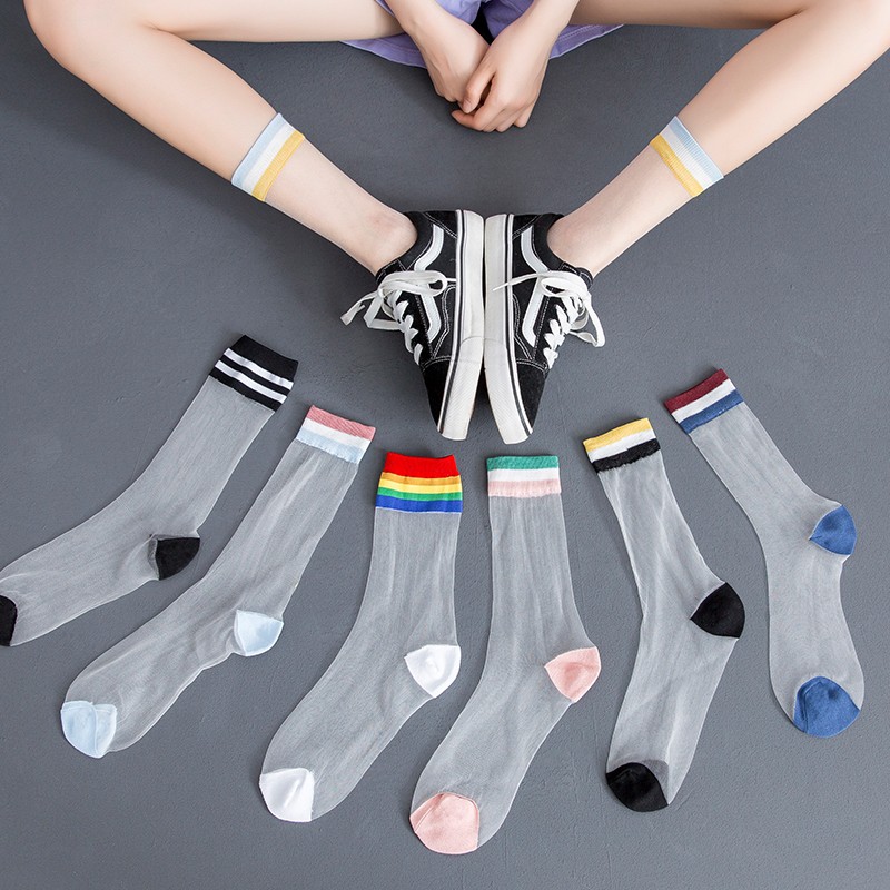 Summer Rainbow Striped Transparent Women Socks Japanese New Style Ultrathin  Glass Silk Novelty Female Mid-calf Length Tube Socks | Shopee Malaysia