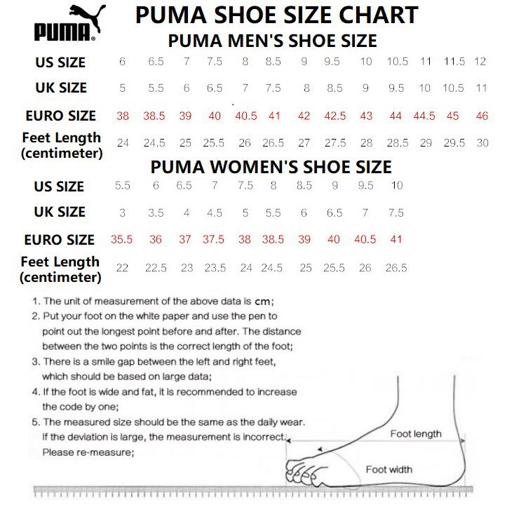 puma sports shoes size chart