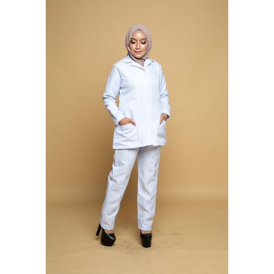 Uniform nurse jururawat lengan panjang kkm biru nila baju seluar sahaja