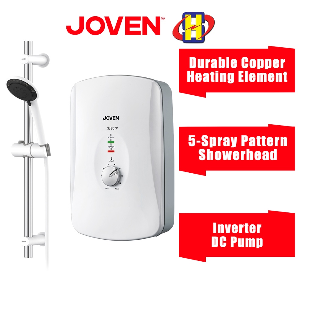 Joven Water Heater (DC Pump/White) SL Series Inverter 5-Spray Pattern Showerhead Instant Water Heater SL30iP