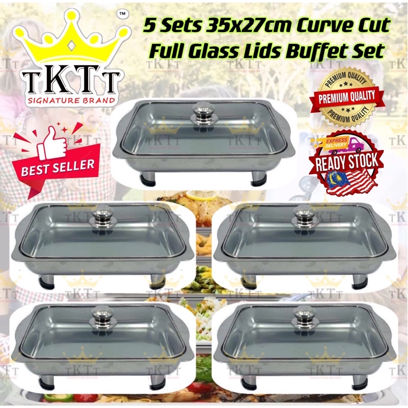 TKTT ™️ 5 Set 35x27 Glass Lid Stainless Steel Buffet Set Catering Serving Tray Food Pan Bekas Lauk Katering Serbaguna