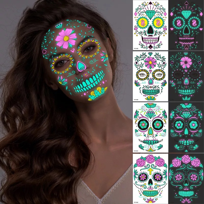 Halloween Face Glow in Dark Tattoos Day of the Dead Mexican Sugar Skull Red Rose Temporary Face Tattoo Kit