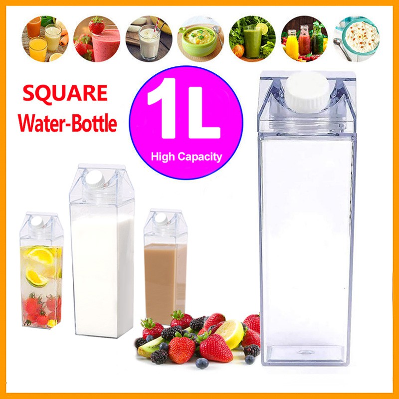 1L/0.5L Water-bottle Drinkware Shaker Sports Square Milk Drinkware Bpa Free Waterbottle Transparent Reusable Water Bottles Outdoor Climbing Tour Camping Milk Water Cup