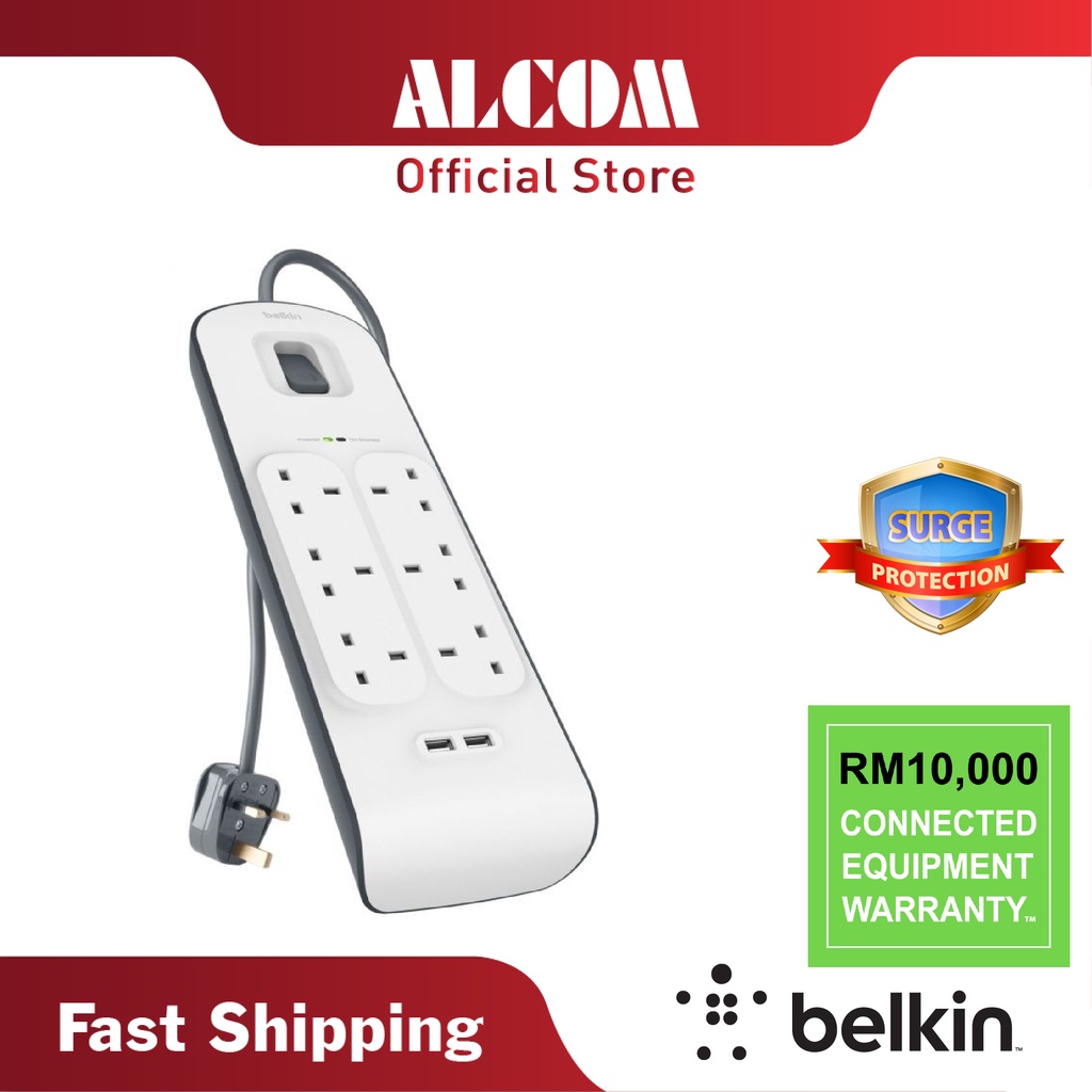 BELKIN 6 Gang 2 USB BSV604SA2M 2M Surge Protector Extension Plug Socket ...