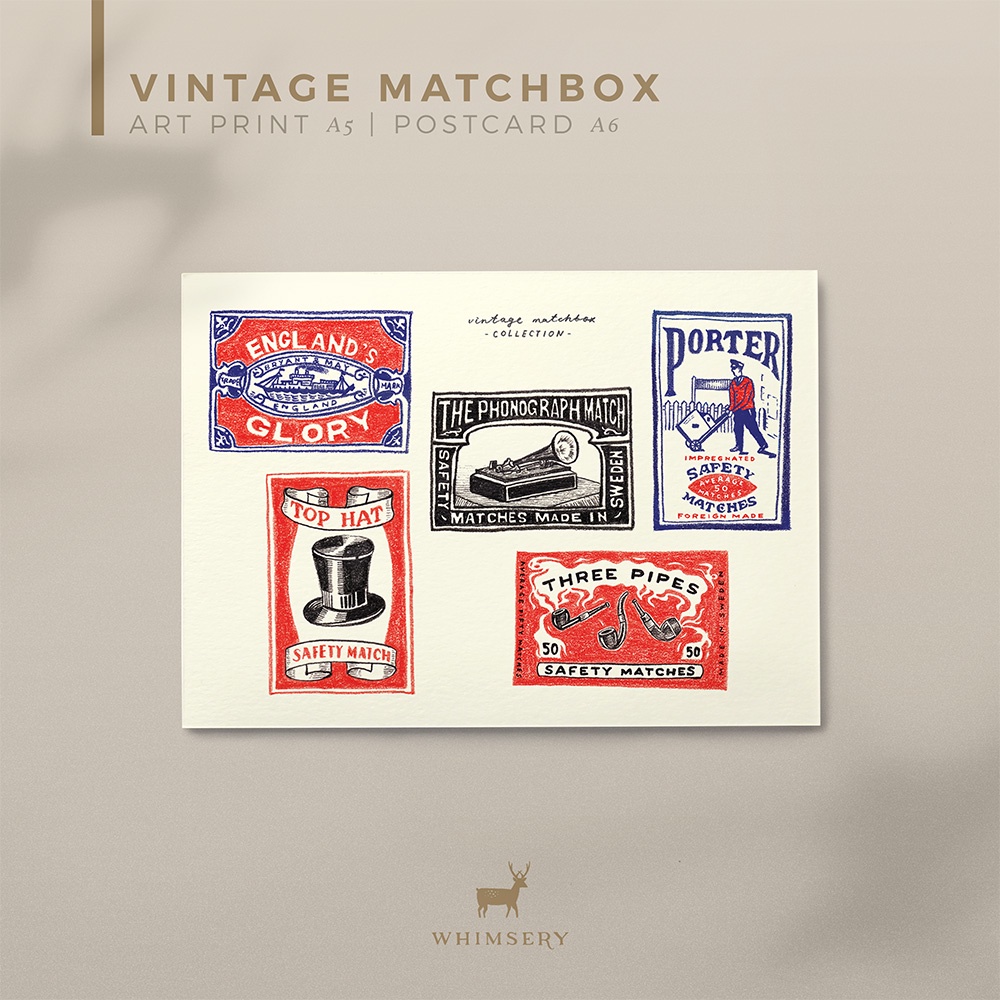 Vintage Matchboxes Collection Illustration A6 Postcard