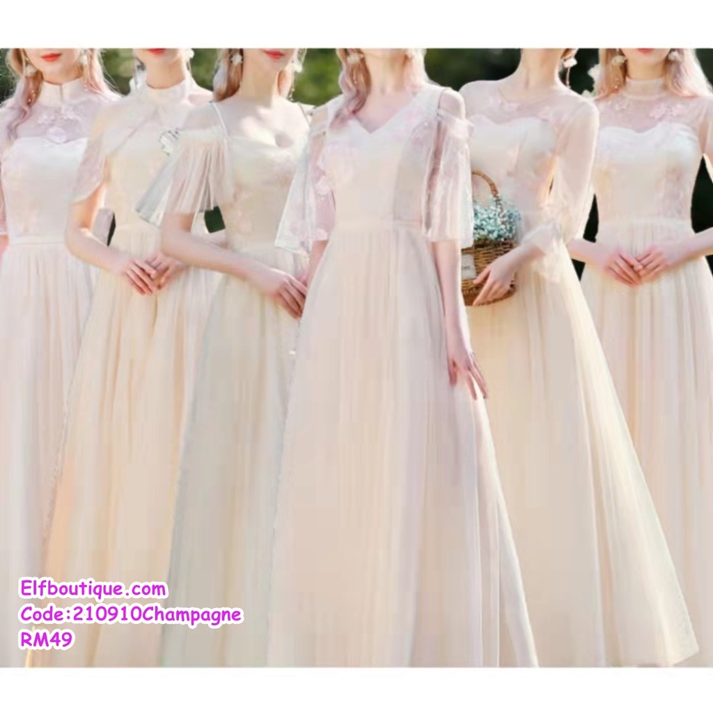 Woman Long Sleeve Short Sleeve Off Shoulder Lacey Flower Bridesmaid Gown Dress Champagne