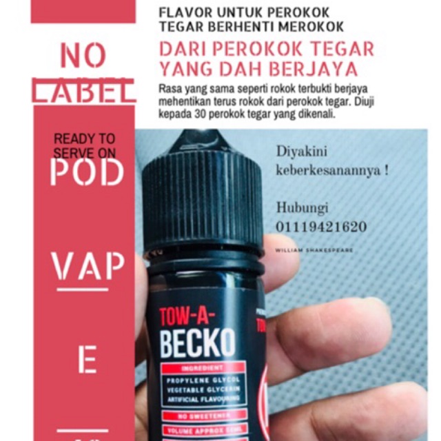 No label Tow a Becko. Freebase untuk pod dan vape. untuk nak 