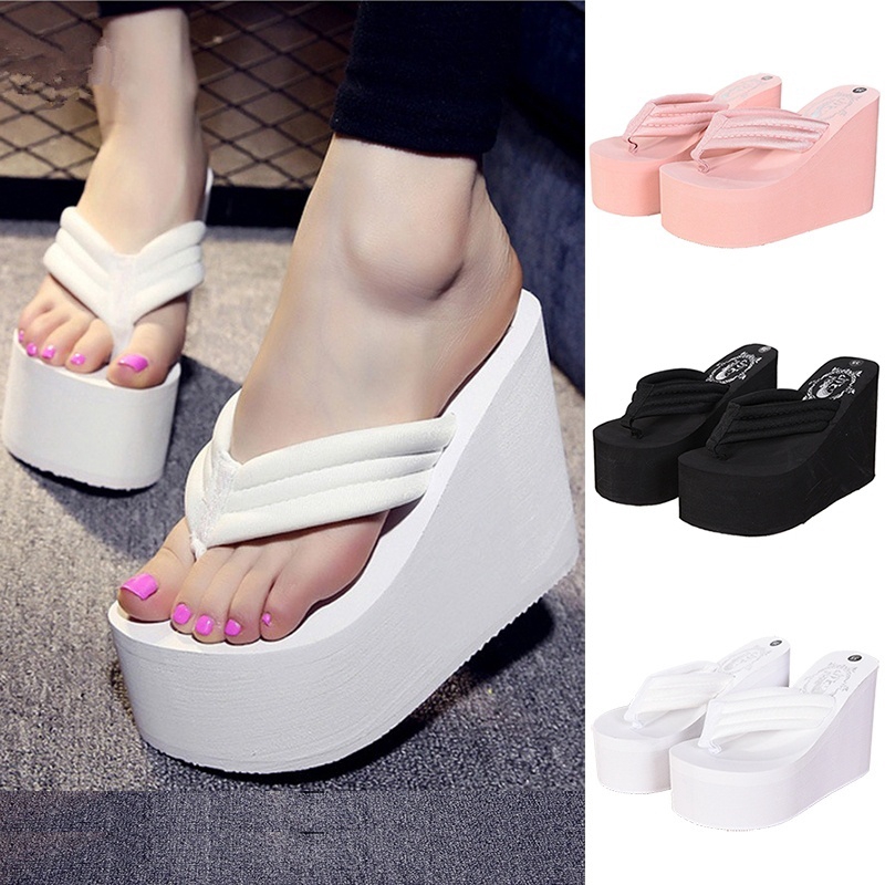 Summer Women High Heel Wedges Thick Bottom Anti-slip Beach Flip Flops