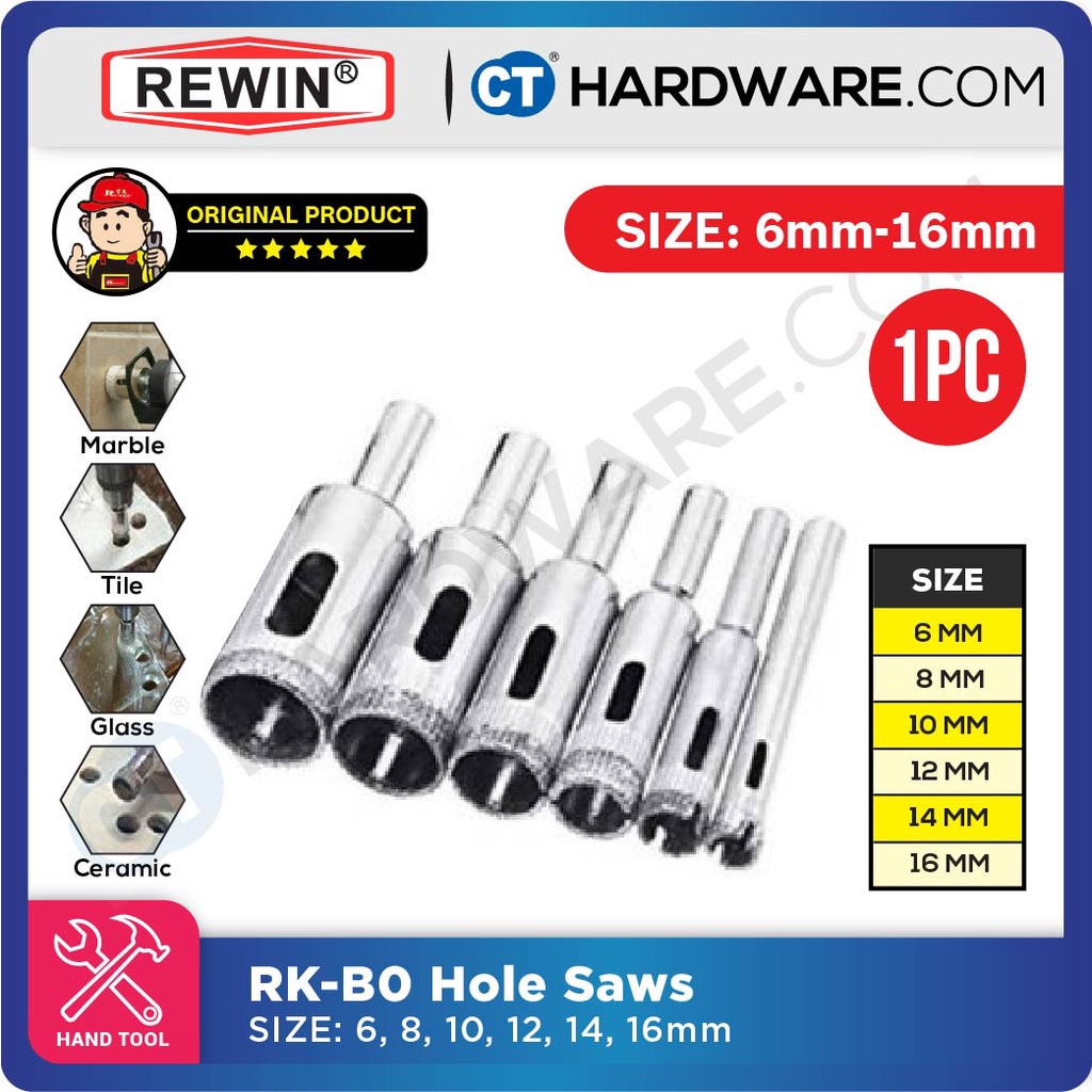 REWIN RKB GLASS HOLE SAW SIZE 6, 8, 10, 12, 14, 16MM [1PC] Shopee