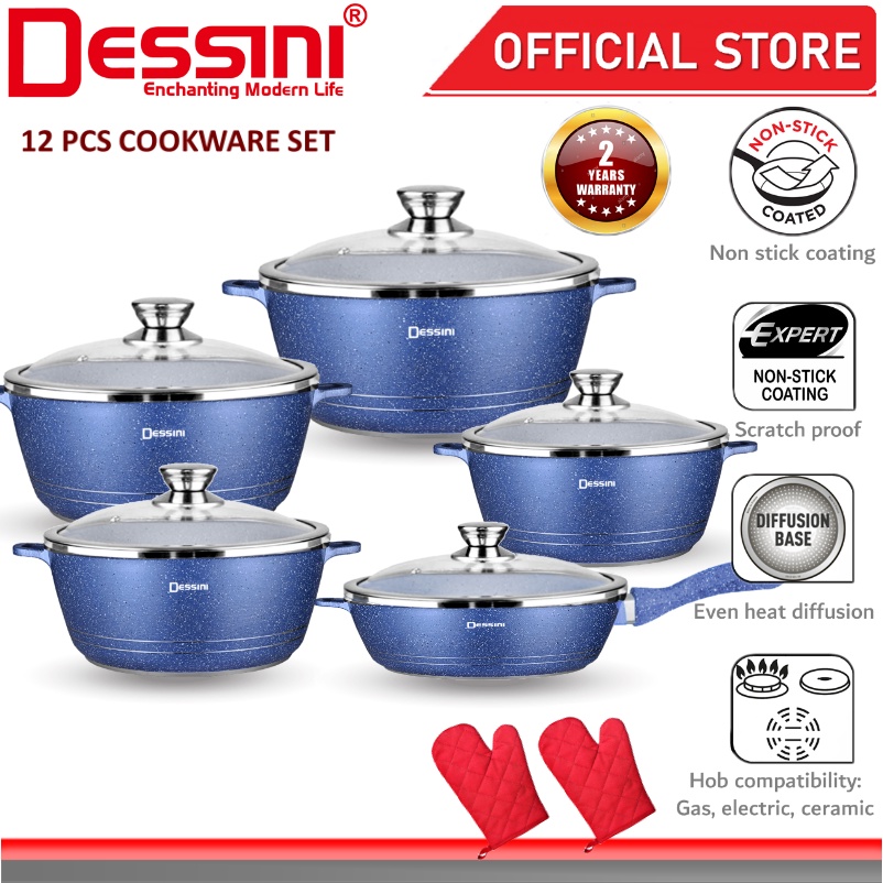 shopee: DESSINI ITALY Granite Aluminium Non Stick Casserole Pot Bowl Deep Fry Pan Cookware Tool (12 Pcs) (0:1:Variation:Blue;:::)