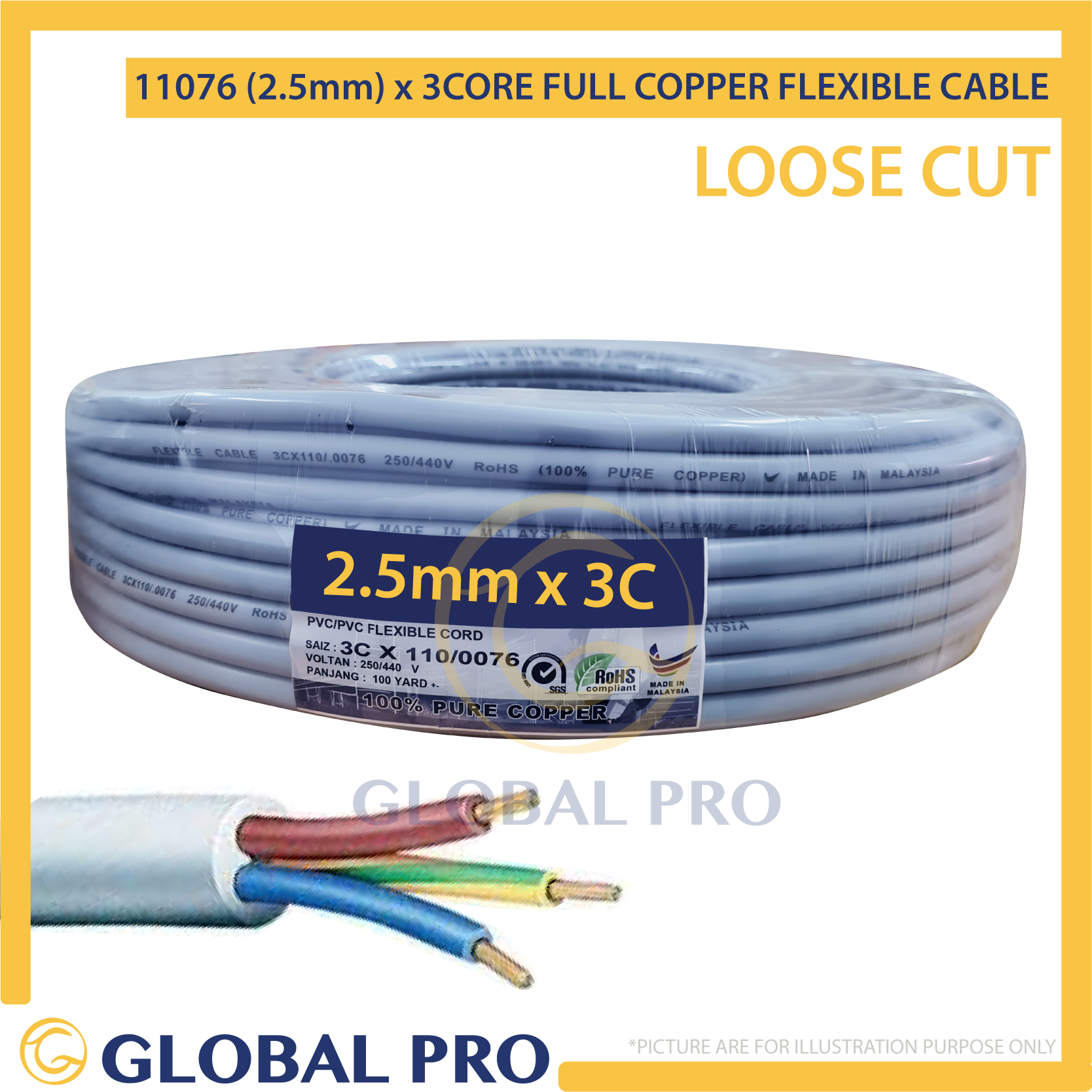 Loose Cut 2 5mm X 3c Full Copper Cable Wire 5m 10m m 30m 50m Shopee Malaysia