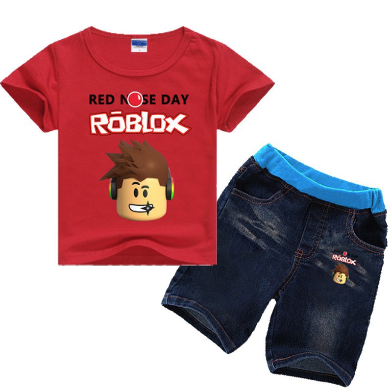 Ready Stock New Roblox Red Nose Day Kids Boy T Shirt Denim Shorts 2pcs Set Ins Shopee Malaysia - roblox mummy pants