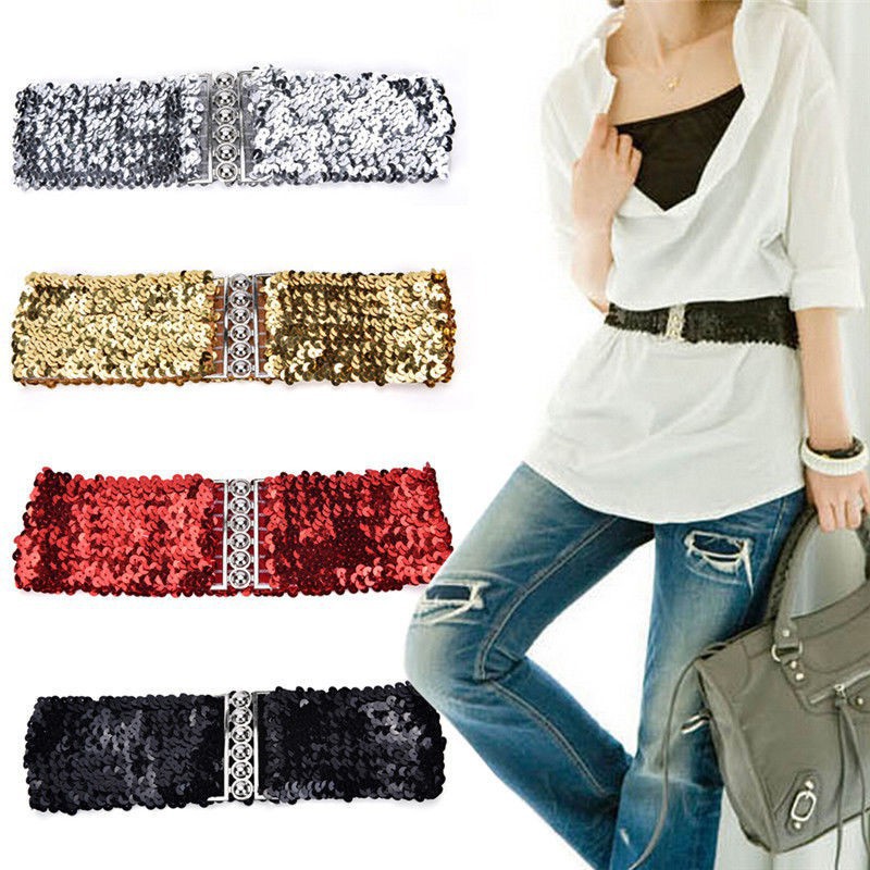 Bling Womens Rivet Sequins Elastic Stretch Wide Waist Belt Waistband Slim Casual