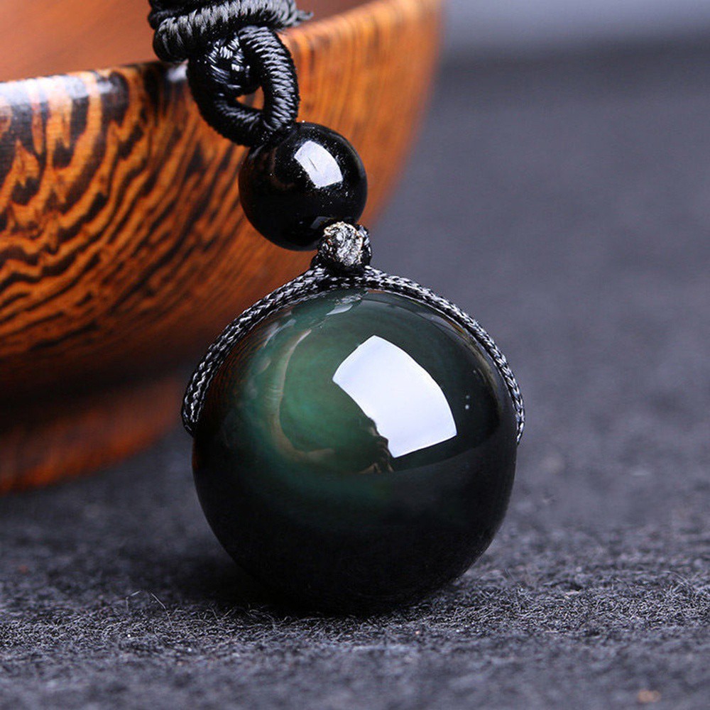 Women and Men Natural Crystal Black Obsidian Pendant Necklace Rainbow Eye Beads