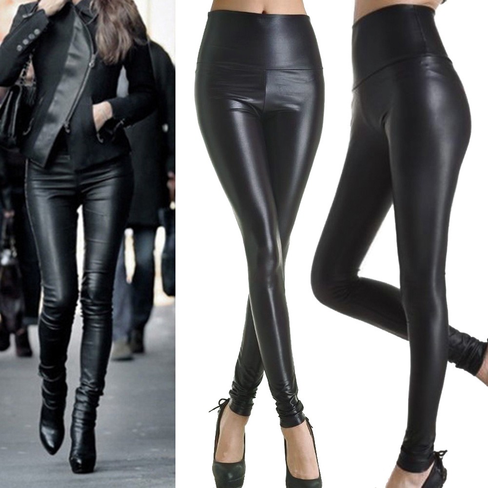 black leather stretch pants