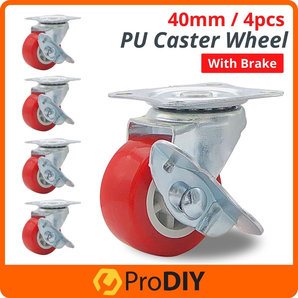 4pcs 40mm Heavy Duty PU Plate Swivel Wheel With Brake Castor Wheels Trolley Furniture Caster Rubber Roda Troli Perabot