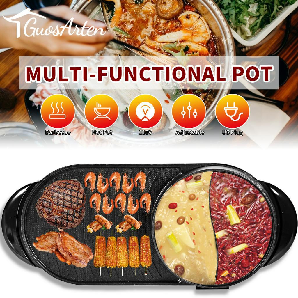 1200W 110V 2 in 1 Electric Hot Pot Oven Smokeless Barbecue Pan Shabu Pot Non-Stick BBQ Griddle Home Hotpot Baking Plate