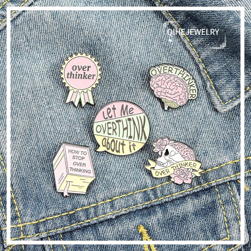 Overthinker Enamel Pin Custom Overthinking Award Brain Skull Book Brooches Bag Lapel Pin Cartoon Badge Jewelry Gift for Friends