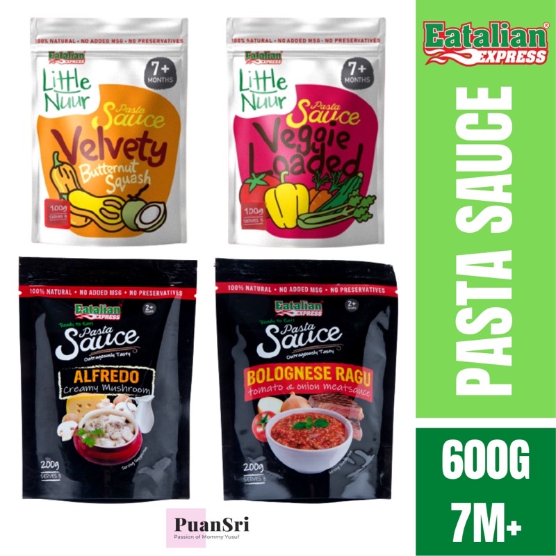 EATALIAN EXPRESS PASTA SAUCE BABY SOS PASTA BAYI VELVETY BUTTERNUT VEGGIE MUSHROOM GREEN CURRY ALFREDO BOLOGNESE 7M+