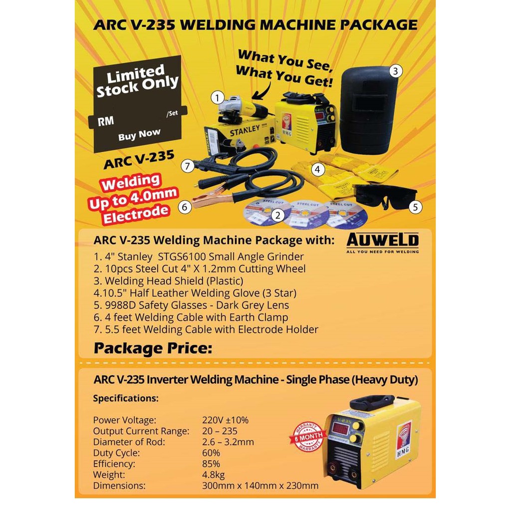 Arc V 235 Hmg Inverter Welding Machine Stanley Grinder Combo Package Shopee Malaysia