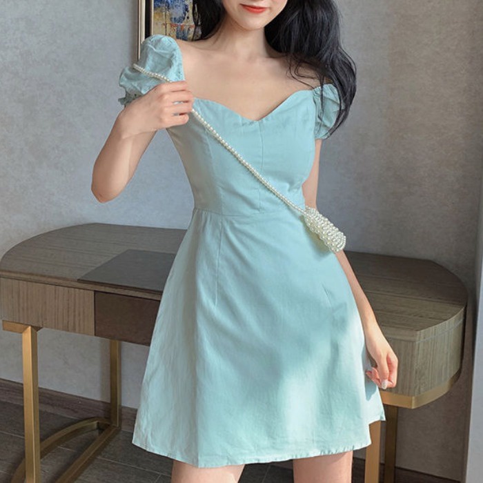 Women Dress Bellflower French collarbone square neck dress female 2021 summer new first love sweet puff sleeves tea break short skirt