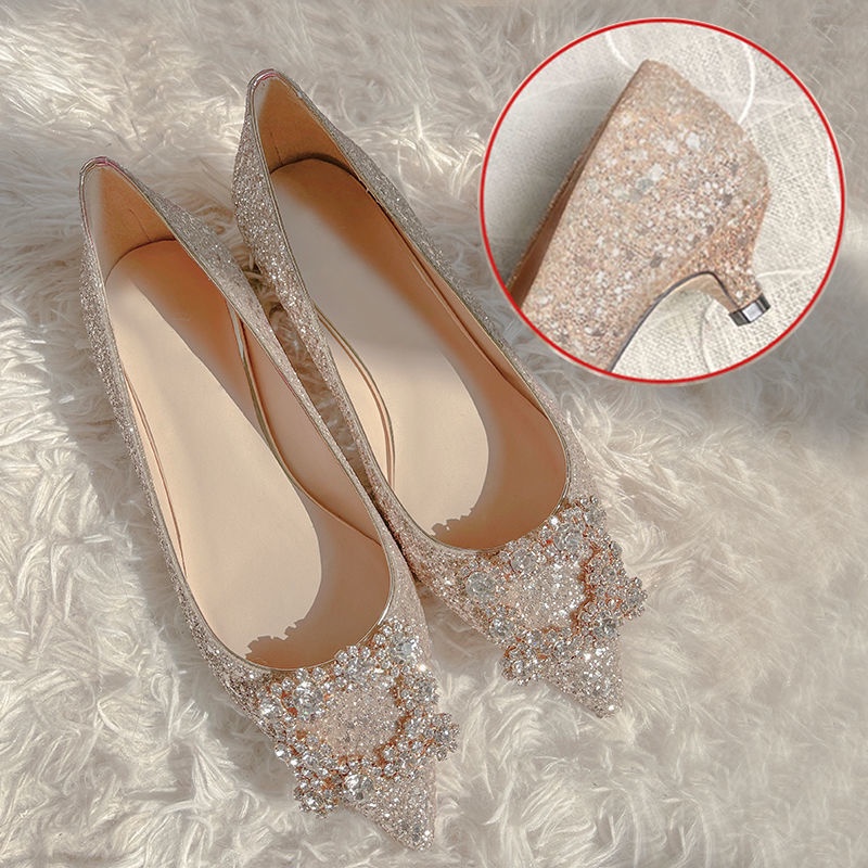 [48 hour delivery] flat bottom wedding shoes bride 2021 [48 Hours Shipping] Female 2023 New Style Crystal Champagne Dress Xiuhe Bridesmaid Pregnant Women Low Heel