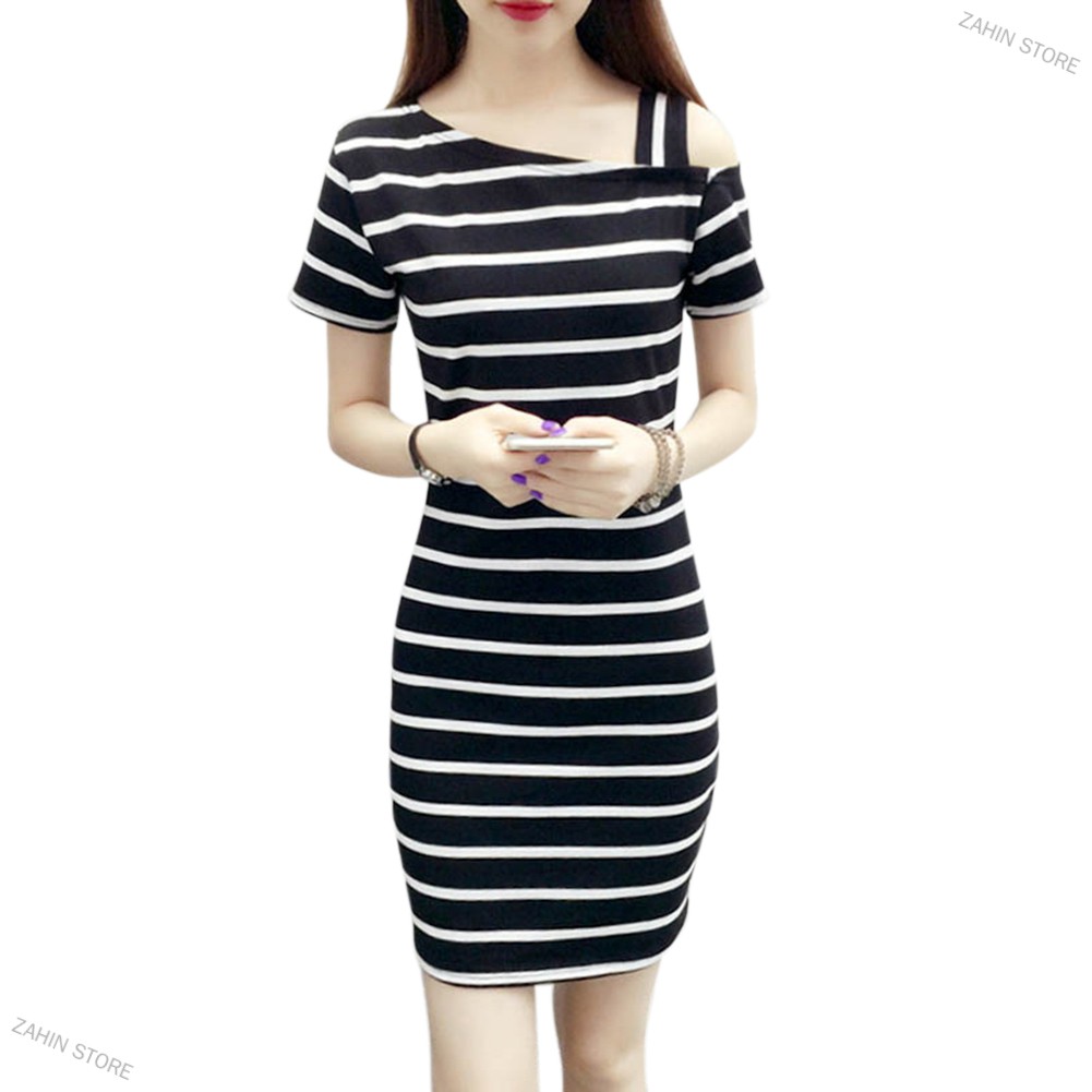 Dress Belang Belang Hitam Putih Women Fashionable Slim Design Delicate Stripe Printing Pullover Dress Off Shoulder Shopee Malaysia