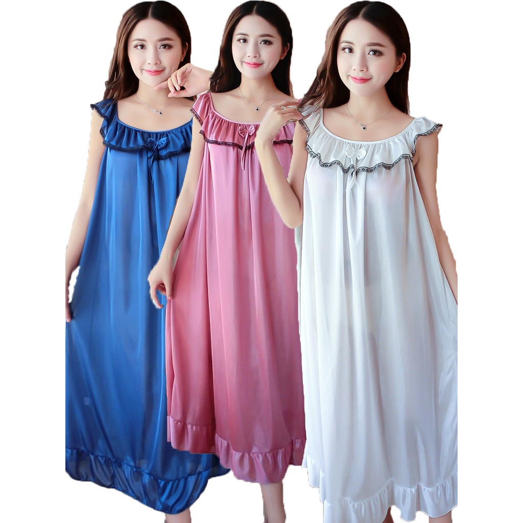 [MsiaReadyStock] Loveena Satin Plus Size Pyjamas Sleepwear Dress L7085 (7 Colours)