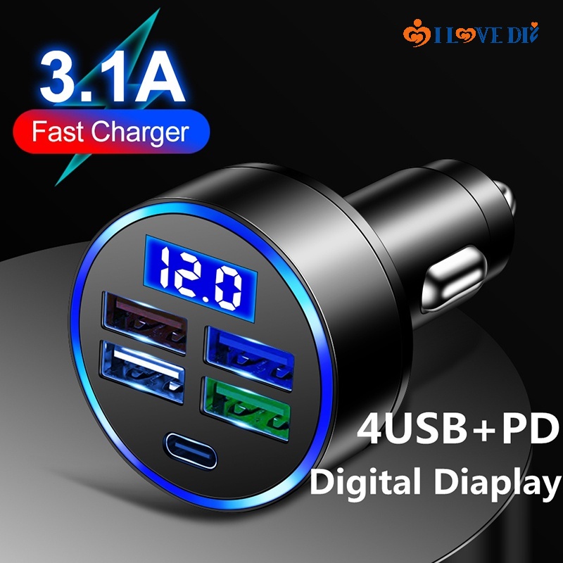 1 Pc 4 USB Ports ABS Anti-scratch Automobile Cell Phone Charger/ Portable Digital Display Car Charging Adapter/ Multifunction Durable Vehicle Charging Converter