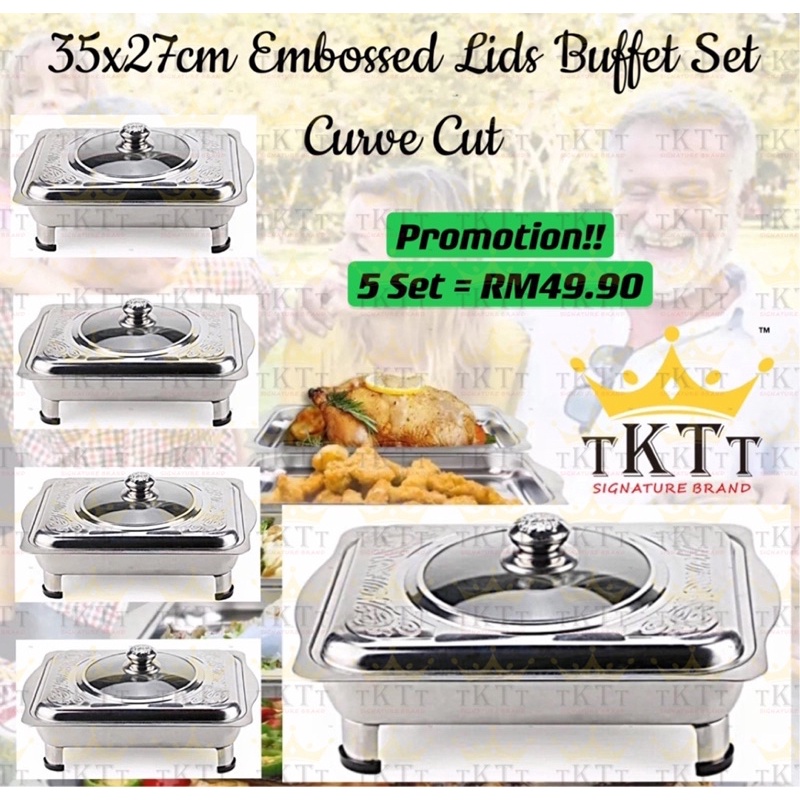 TKTT 5 Set 35x27 Embossed Stainless Steel Buffet Set Catering Serving Tray Food Pan Warmer Bekas Lauk Katering Serbaguna