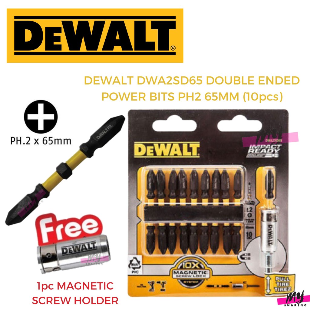 DEWALT DWA2SD65 DOUBLE ENDED POWER BITS PH2 65MM (10pcs) with 13mm