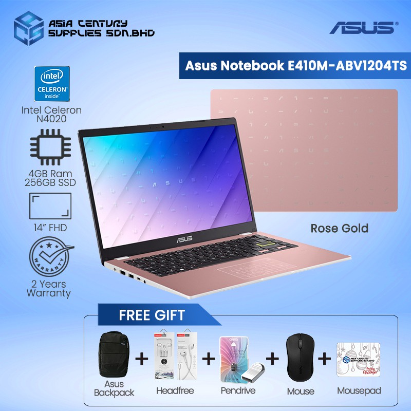 [READY STOCK] ASUS Notebook 14.0'', E410M-ABV1204TS / ABV1228WS Celeron N4020/4GB /256GB/Share/HD/14/W10/2Yrs/Carry bag