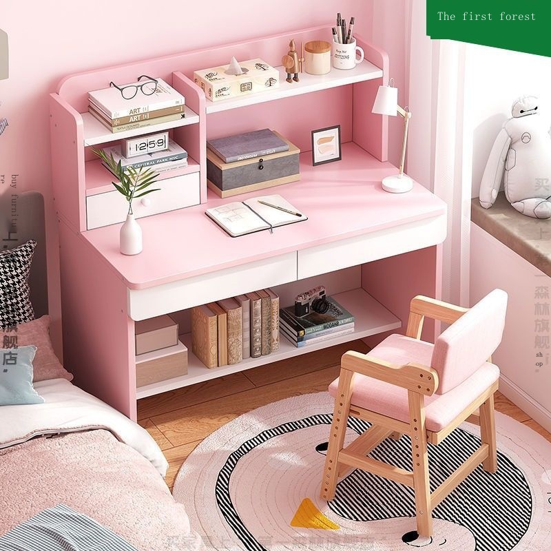 ✧✼✳Children s desk bookshelf bookcase integrated student learning writing desk home girl bedroom computer desk and chair