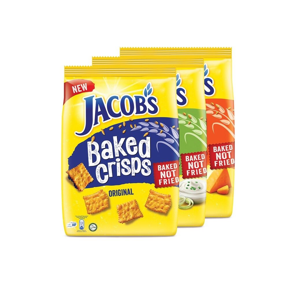 JACOBS BAKED CRISPS CHEDDAR, ORIGINAL & SOUR CREAM & ONIONS 229G & 45G
