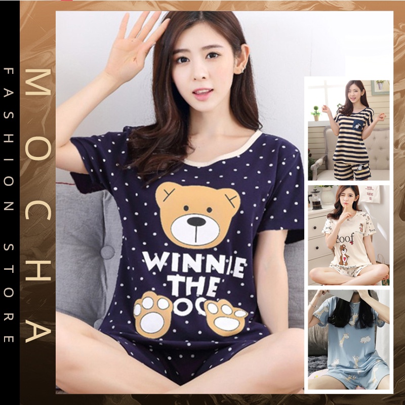 【READY STOCK】ST101 5 Design Milk Silk Pajamas Set Lady Short Sleeve Cute Sleepwear Nightwear Baju Tidur Silk Licin