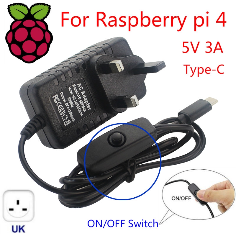 Raspberry pi 4 power supply 5v 3a type c power adapter with on off