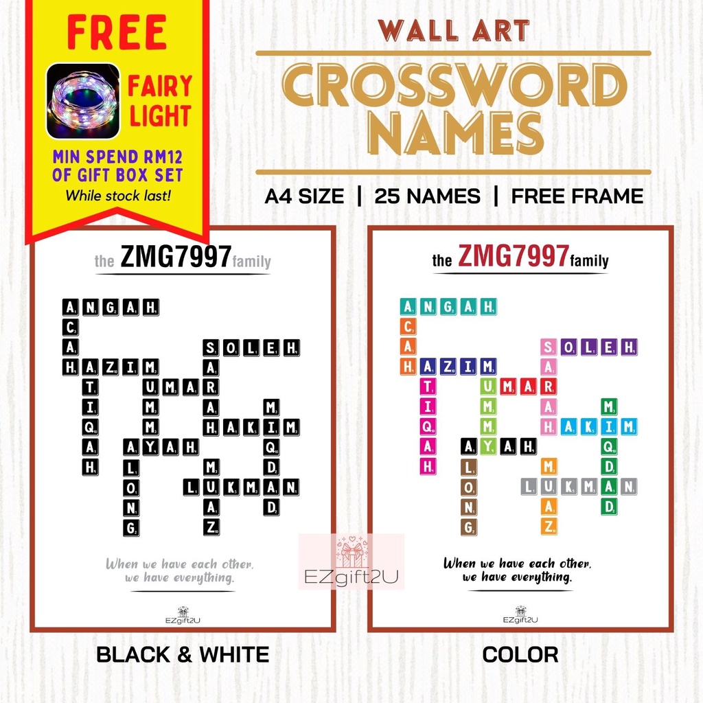 Crossword Name Wall Art Frame Scribble Family Friend Event Hiasan