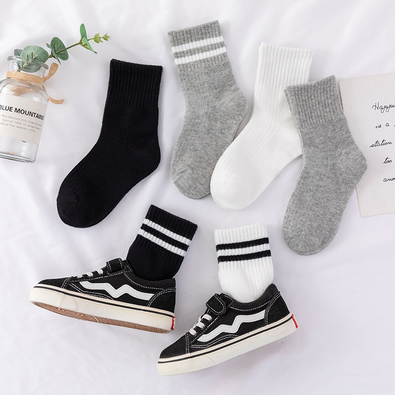 Hot Sale Simple Two Stripes Pattern Children Crew Socks Cotton School Kid Mid Calf Socks Boys Sport Tube Socks Girls White Socks Women