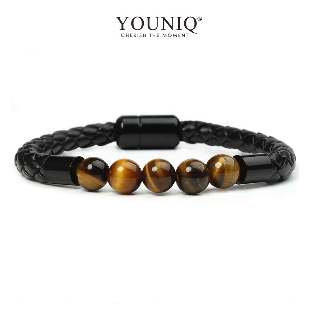 YOUNIQ Men Basic Tiger Eyes Stone Beads Rock Leather Bracelet - Golden ...
