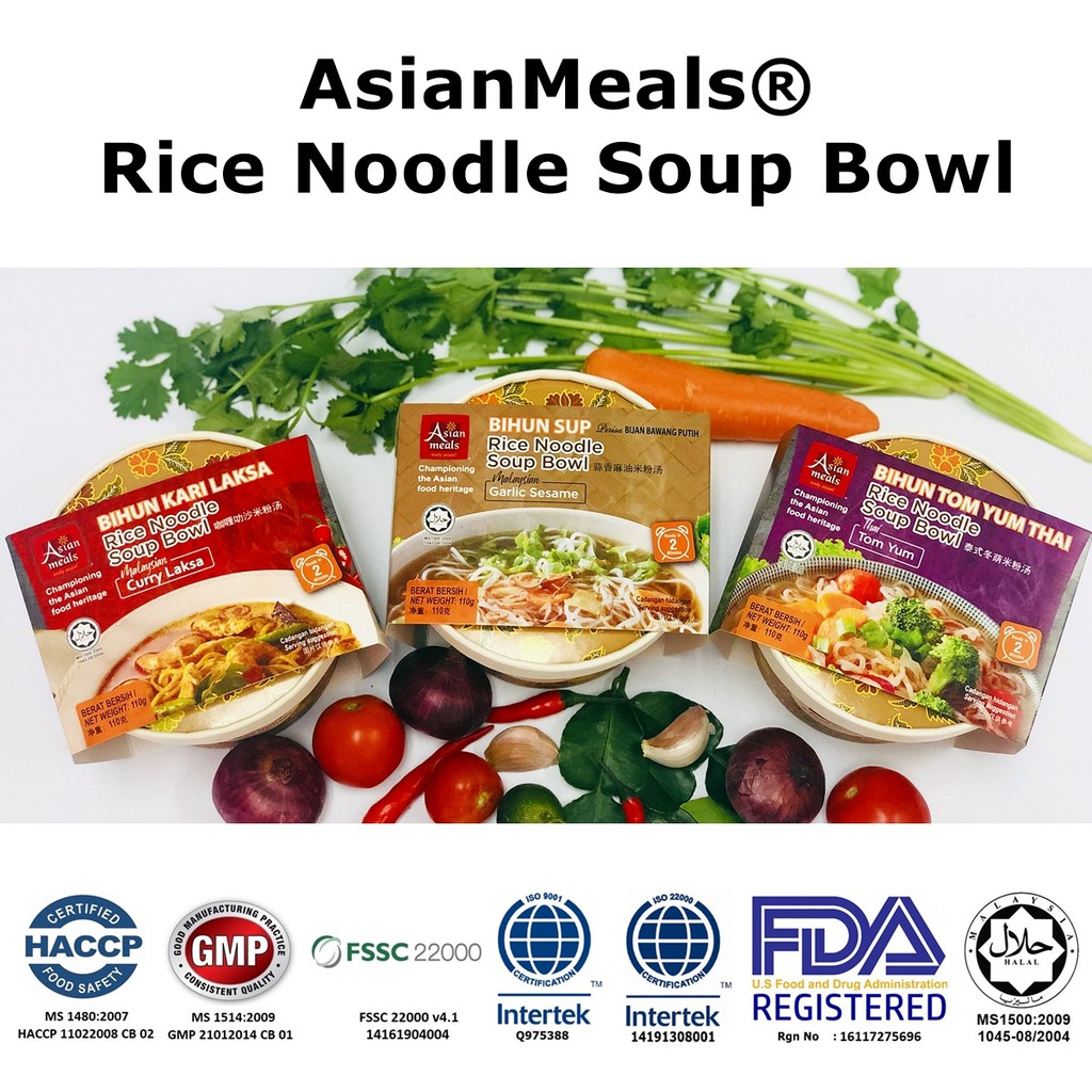 🔥HOT ITEM🔥 AsianMeals® Rice Noodle Soup Bowl/ Tomyum/Garlic Sesame/Curry Laksa 110gm *Ready Stock**HALAL*