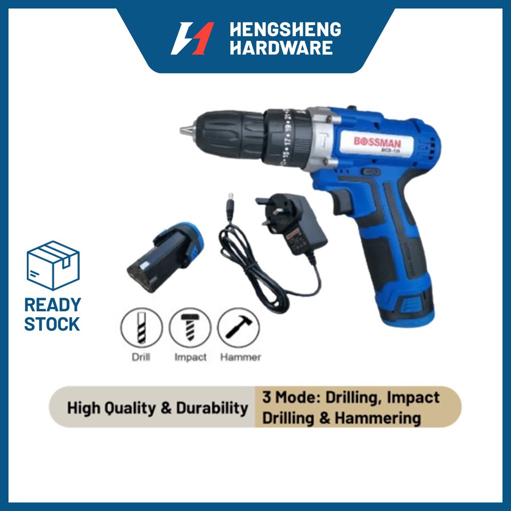 HENGSHENG [NEW 3 IN 1] Cordless Impact Drill 12V Set BOSSMAN BCD12i