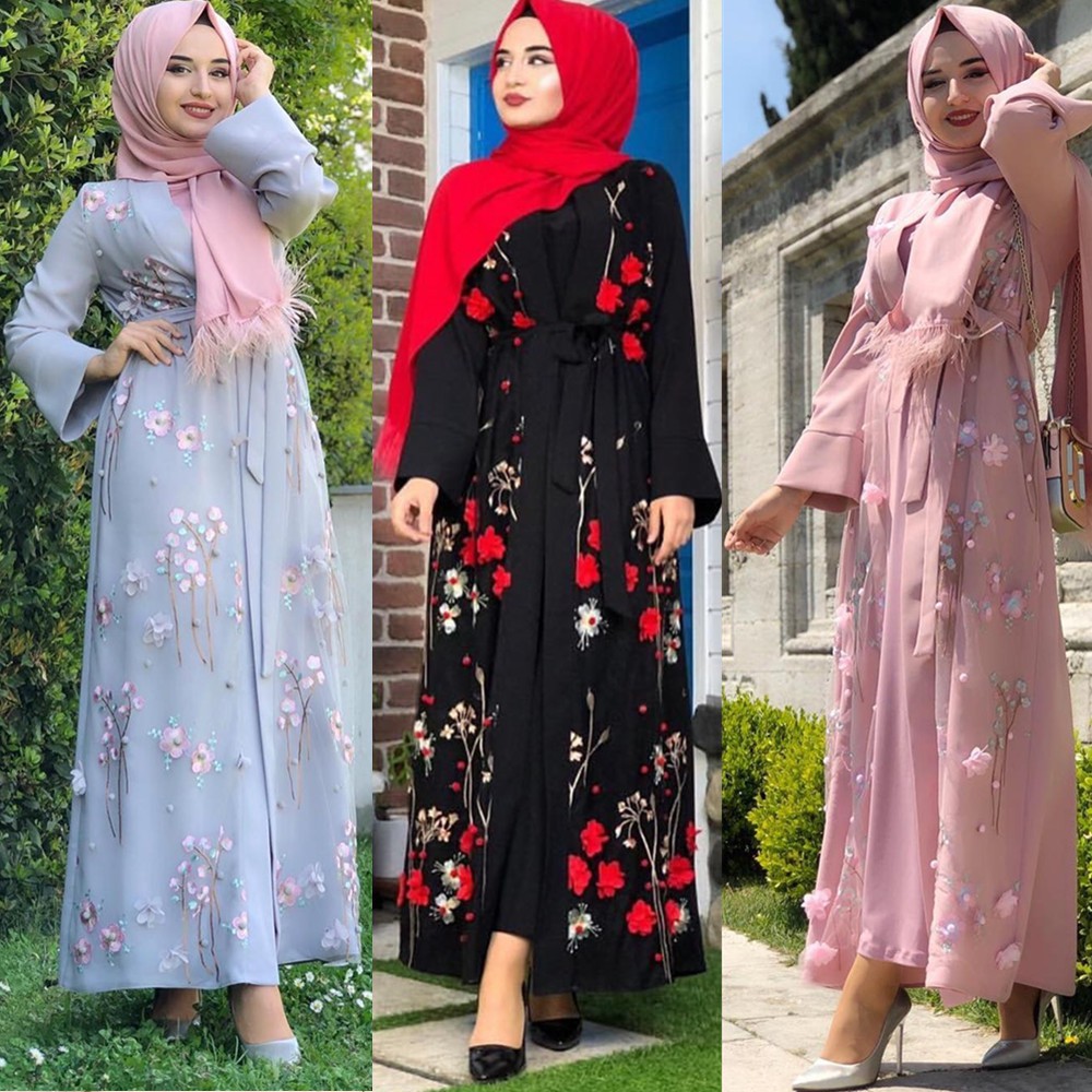 New Coming Embroidery Stereoscopic Flower Arab Abaya 3 Color For Chose Long Sleeve Muslim Girl One Piece Skirt Shopee Malaysia