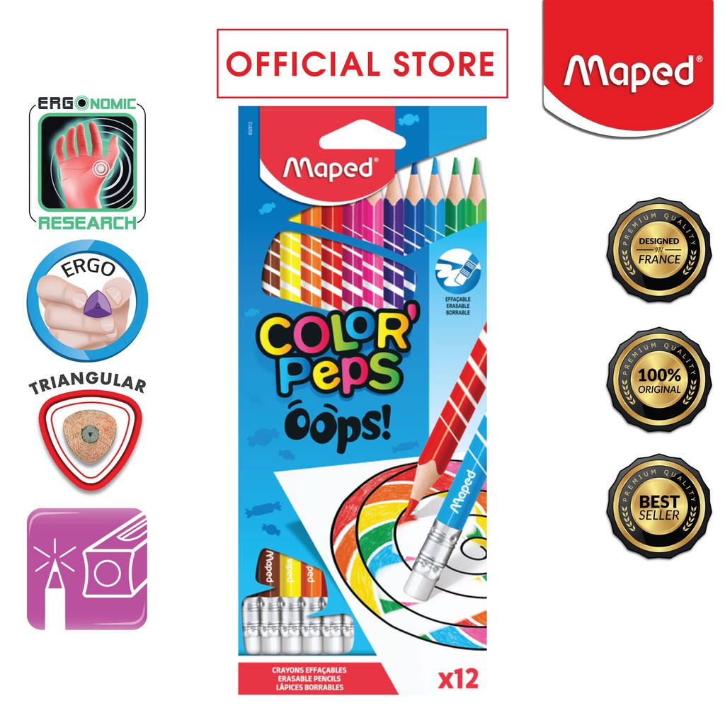 Maped Color'Peps Oops Erasable Color Pencils x12 with Break Resistant  Leads, Triangular Shaped for Anti Roll-off | Shopee Malaysia